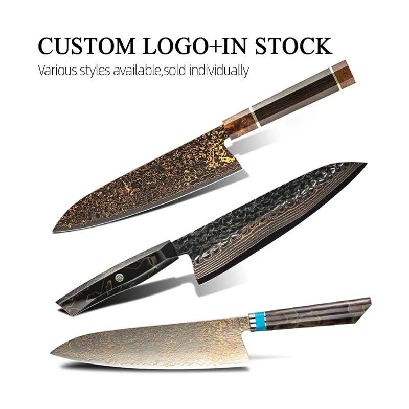 Custom Copper Damascus Steel Chef Knife Japanese Vg10 Kitchen Knife Hand Forged Damascus Messer For Professional Cooking