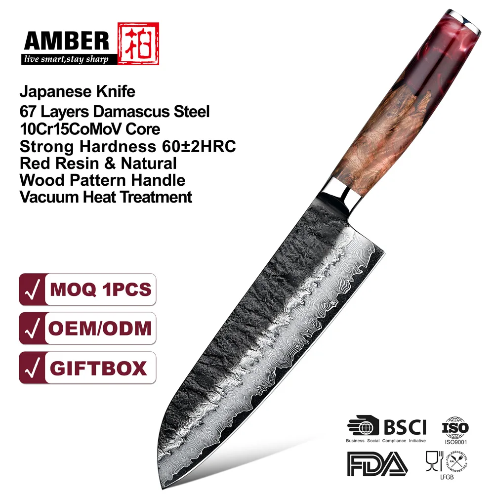 Amber 7 Inch Damascus Santoku Chef Knife 67 Layers Blade Vg10 Steel Japanese Kitchen Knives Slicer Meat Cleaver Kitchen Tools