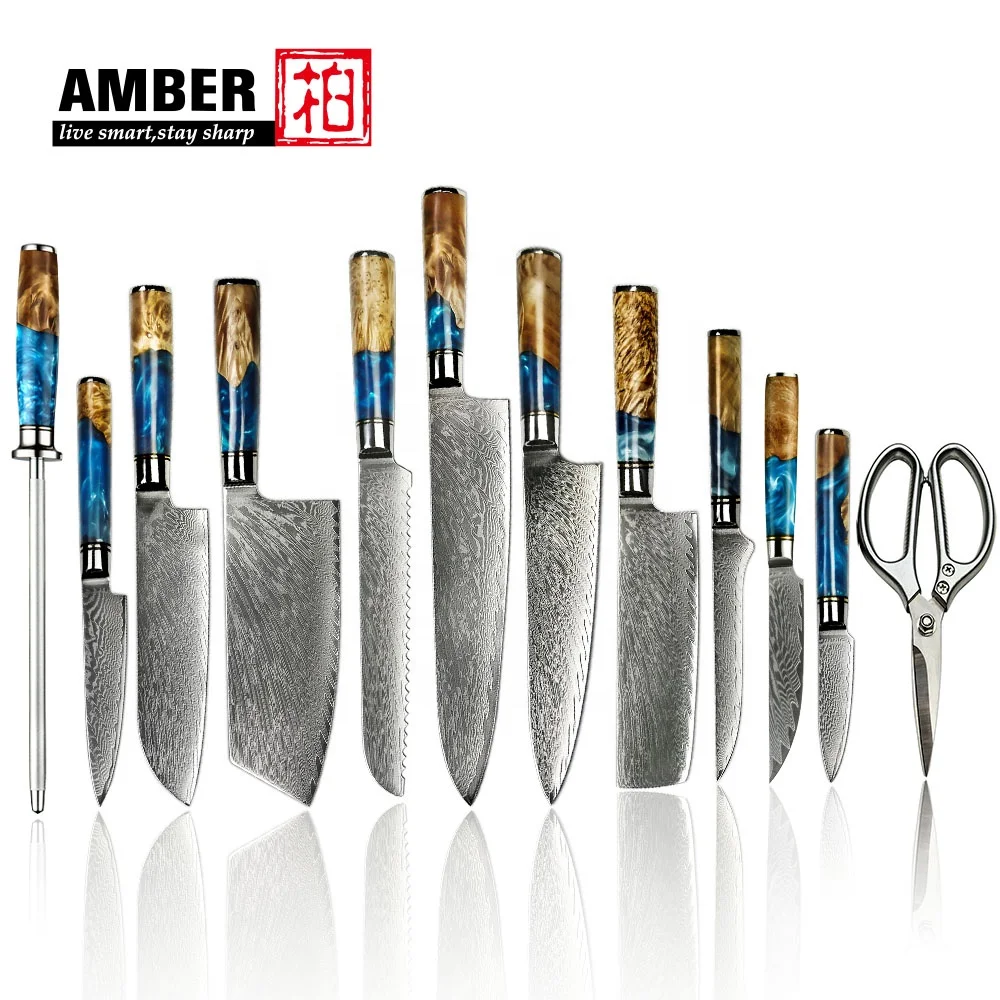 8pcs 67layers Vg10 Damascus Steel Knife Set Japanese Chef Kitchen Knives Set Damascus Knife Set With Blue Resin Wooden Handle