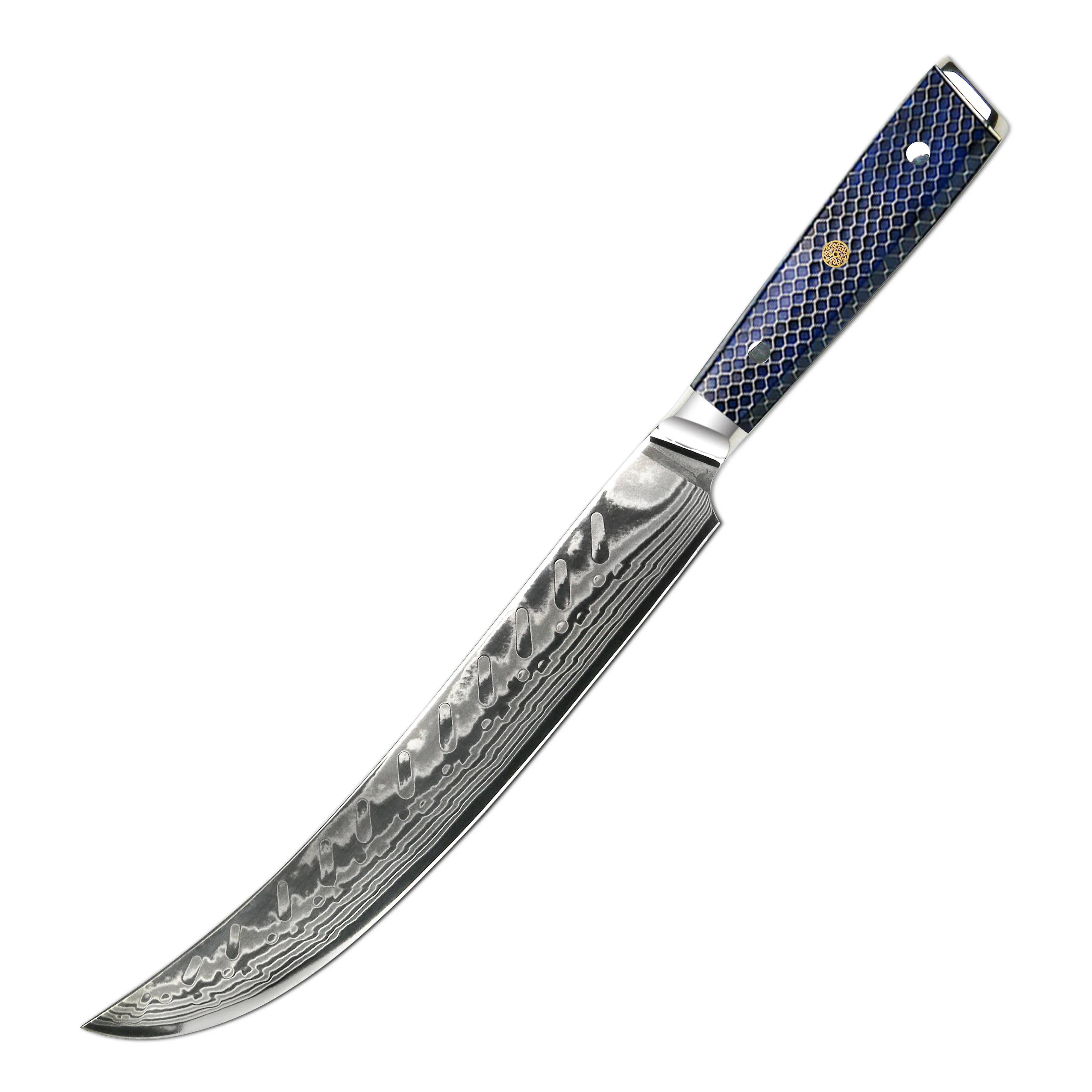 Amber Kitchen Meat Carving Knife 45layers Aus10 Damascus Steel 10 Inch Kitchen Meat Slicer Knife With Resin Handle