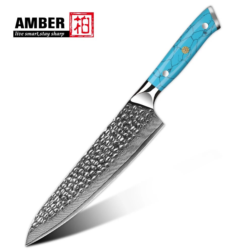 Amber Custom 8 Inch Hammered Vg10 Damascus Steel Chef Knife With Blue Turquoise Stone Handle