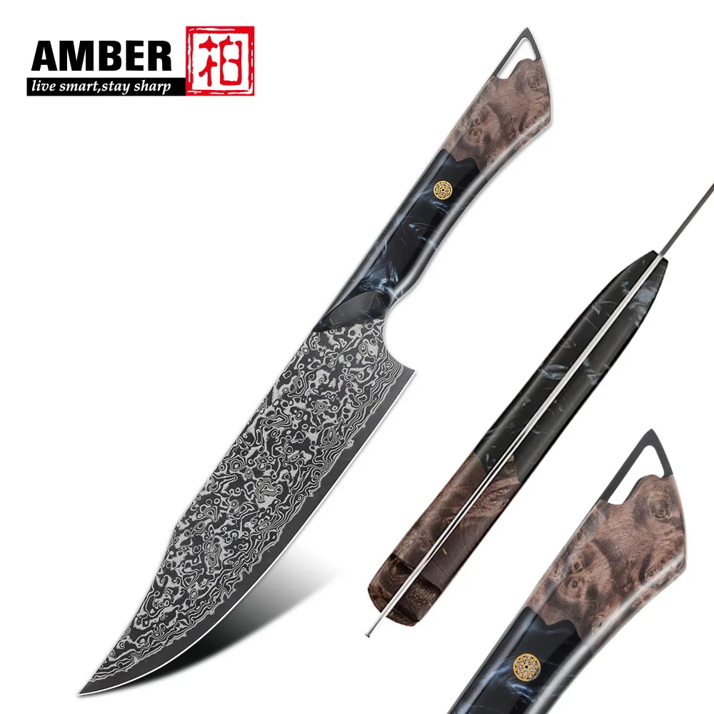 Amber Damascus Chef Knife Damascus Kitchen Knife Vg10 Black Titianium Plated Knife Full Tang Resin Wood Handle