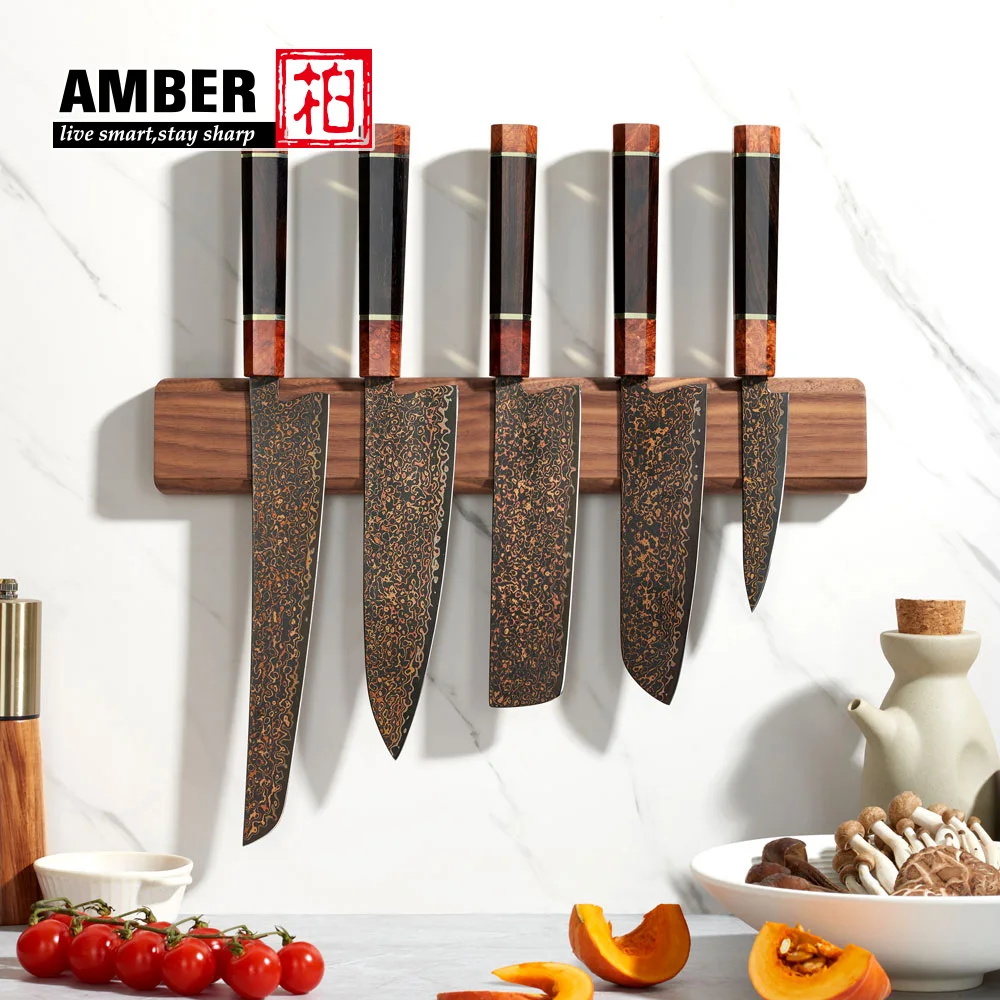 Amber 37-layer Tricolour Copper Damascus Steel Knives Set Kitchen Knives Set Japanese Knives Set And Wood Handle