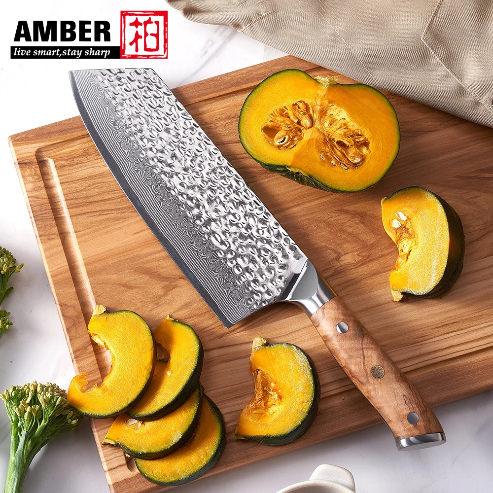 Amber Wooden Handle Vg10 Hammered Forged Damascus Cleaver Meat Knife Vegetable Knife Damascus Steel Chinese Cutter Knife