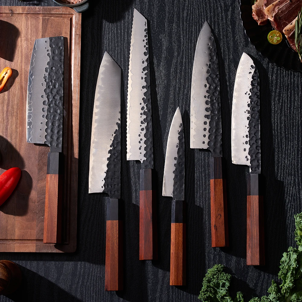 6pcs Classic Octagonal Hard Wood Grip San Mai Stainless Steel Kitchen Knife Set