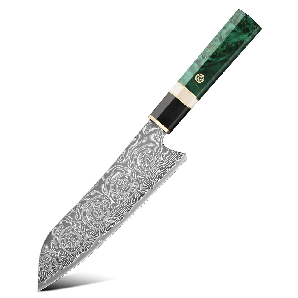 Amber Hot Seller Damascus Steel Santoku Knife 7'' Japanese Kitchen Knives Wood Handle