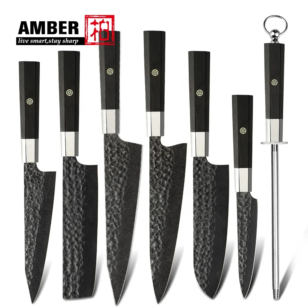 Amber Masterpiece Multifunctional 440c Carbon Steel Blade Professional Kitchen Knives 6pcs Set With Sharpener