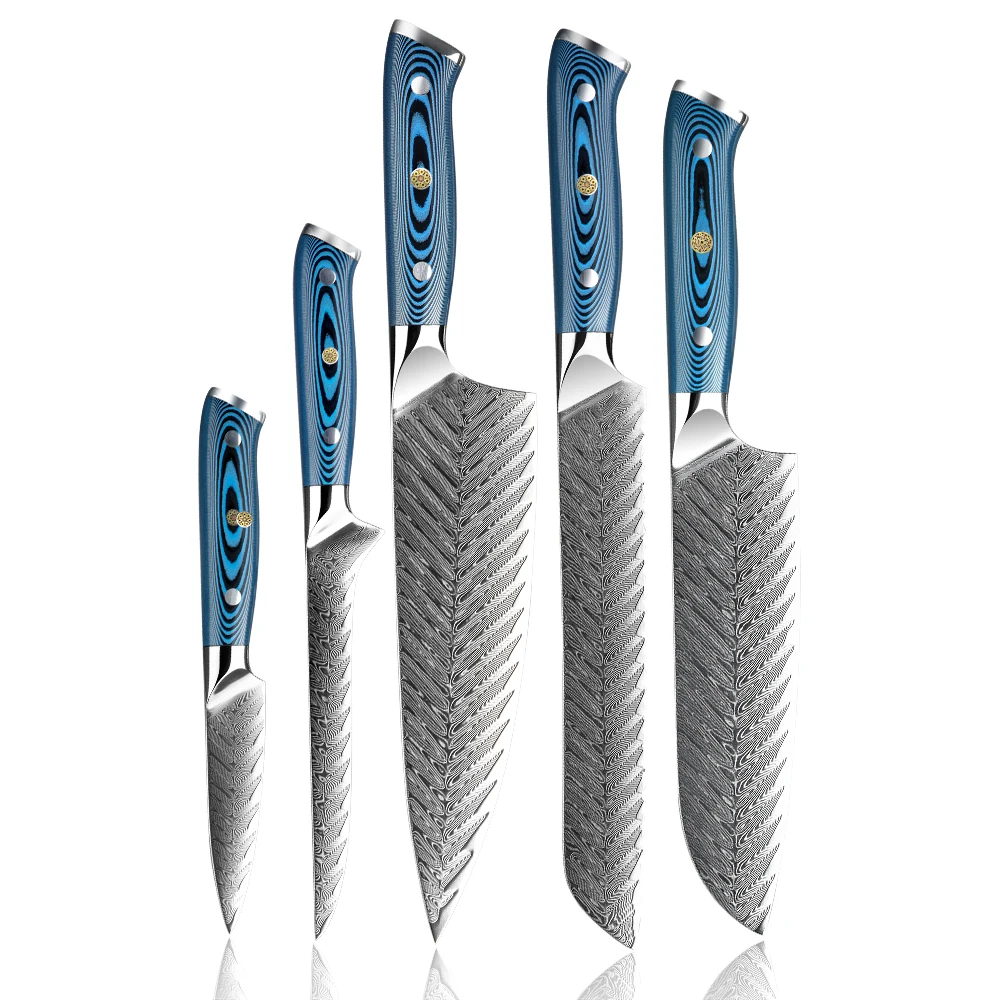 New Arrival Ladder Pattern 73layer Aus10 Damascus Blue Knife Block Set Kitchen