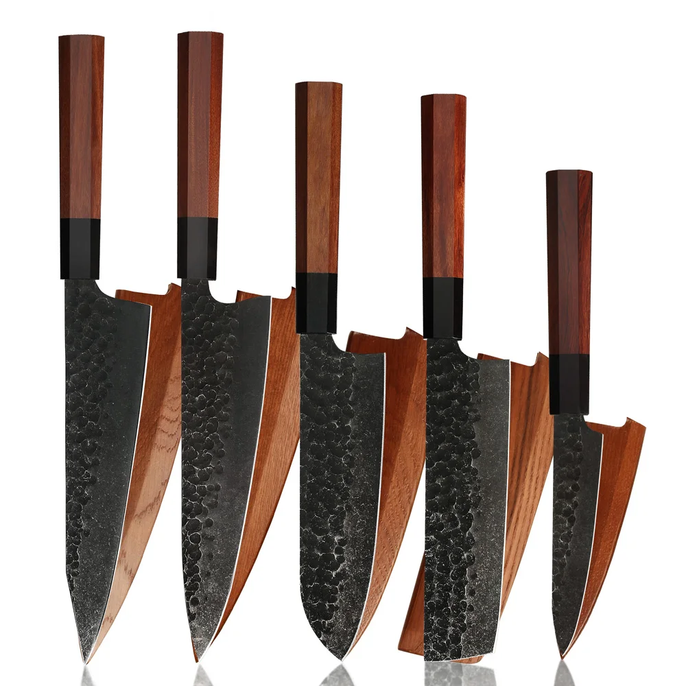 Amber Japanese Kitchen Chef Knife Set 440c High Carbon Steel Sharp Forged Black Blade And Wood Handle