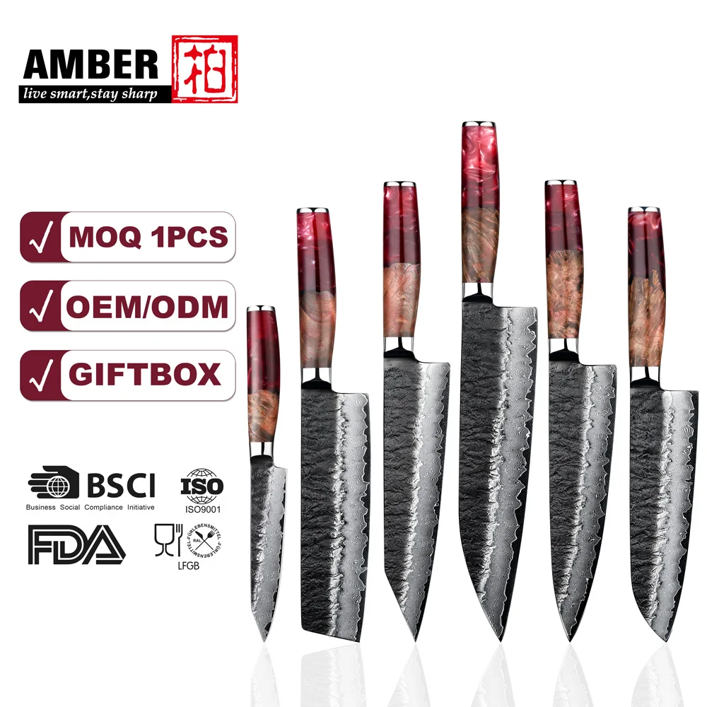 Amber 6pcs Kitchen Knife Set 10cr15comov 67 Layers Damascus Steel Chef Knives Set Cooking Knives Meat Cutting Japanese Knife Set