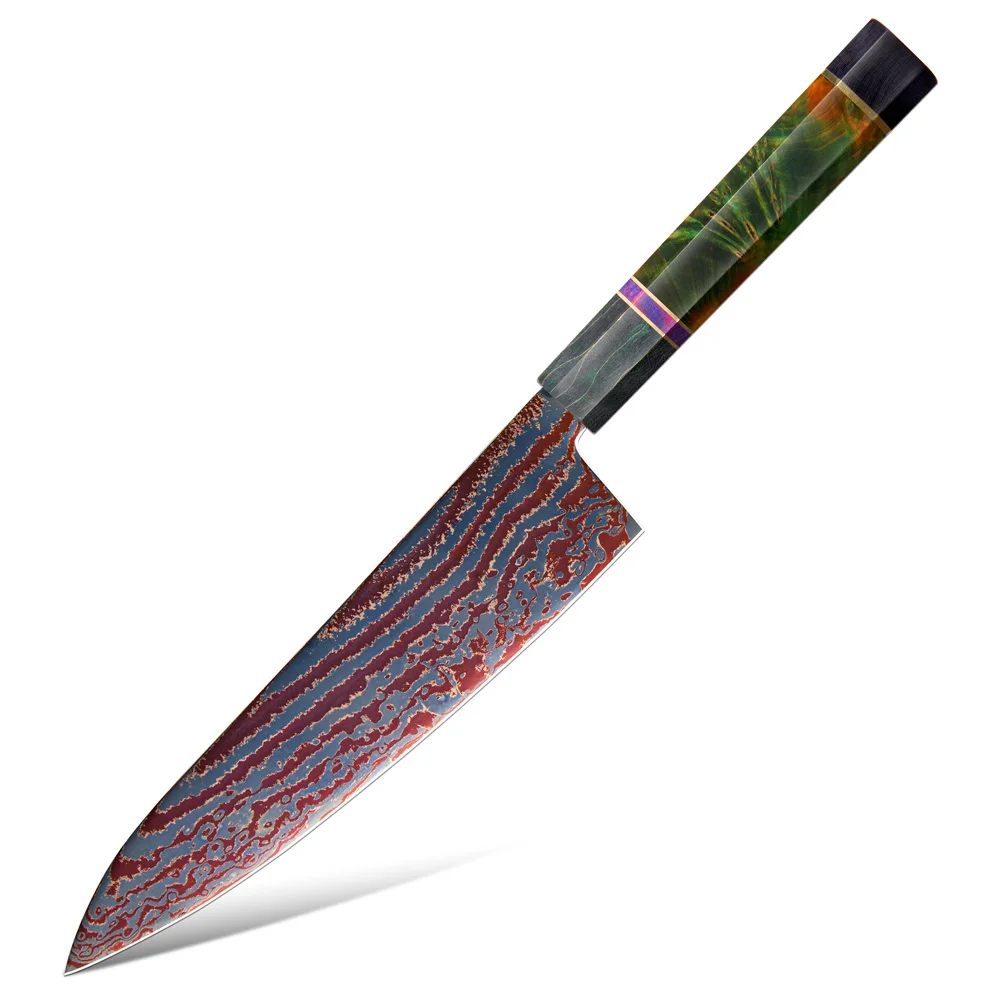 Amber 8inch Japanese Chef Knife Damascus Steel 80layers Blue Flame Handmade Japanese Knives Wood Handle Chef Knife Japanese
