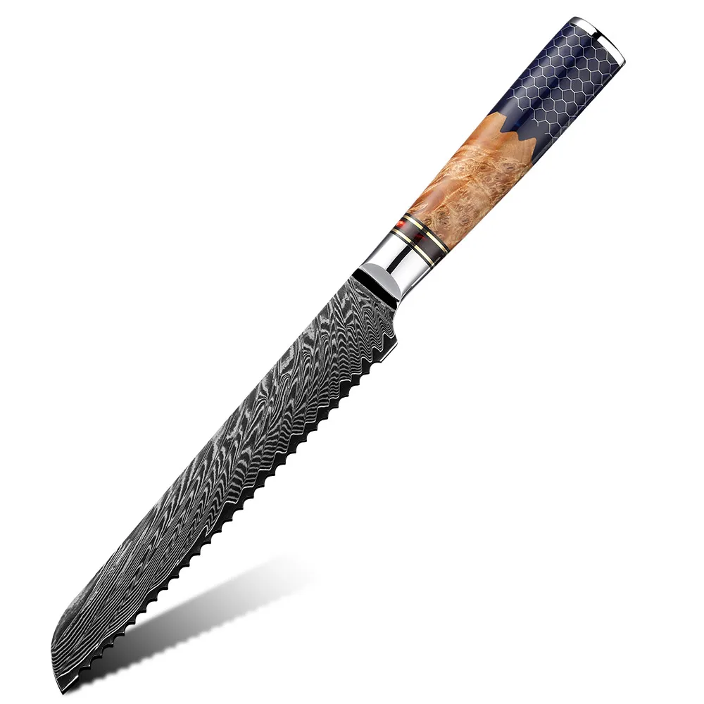 8 Inch Serrated Bread And Cake Knife 67 Layer Damascus Vg10 Steel Chef Bread Knife With Honeycomb Resin Handle