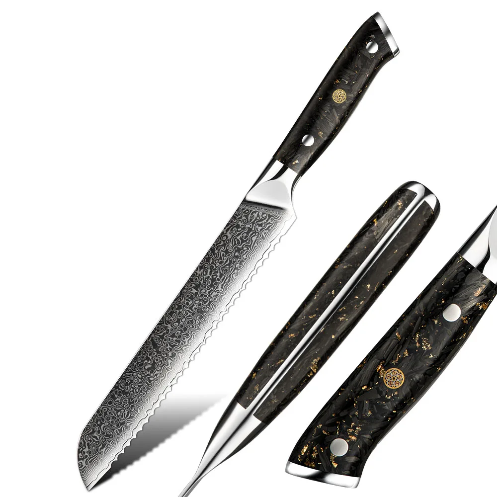 8inch Vg10 Damascus Steel Serrated Slice Bread Knife With Carbon Fiber Handle Raindrop Pattern Eco-friendly Giftbox