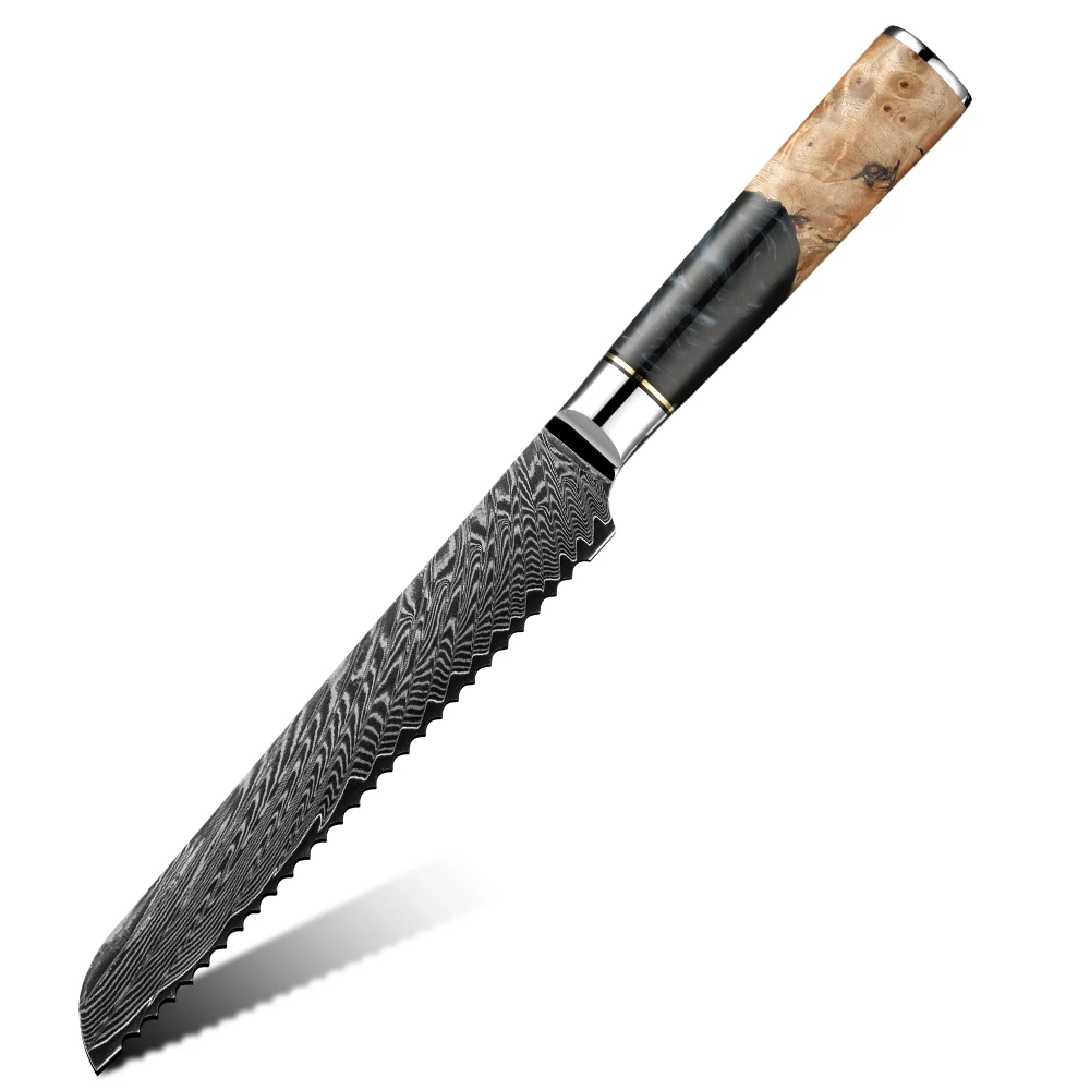 8 Inch 67 Layers Damascus Steel Bread Knife With Resin Wood Handle High Hardness Ambidextrous Vintage Style