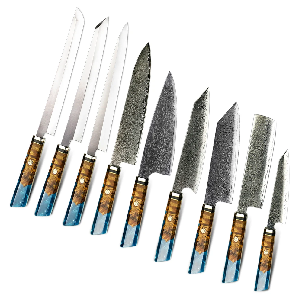 Amber Japanese Pro Series Damascus Kitchen Knives Custom Knives Vg10 Handmade Japanese Damascus Kitchen Cook Knife Set