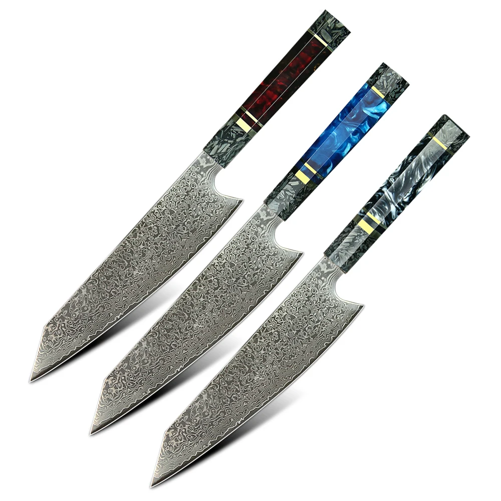Japanese Handmade Forged Carbon Steel Damascus Steel Kitchen Kiritsuke Knife With Ebony Resin Handle And Gift Box
