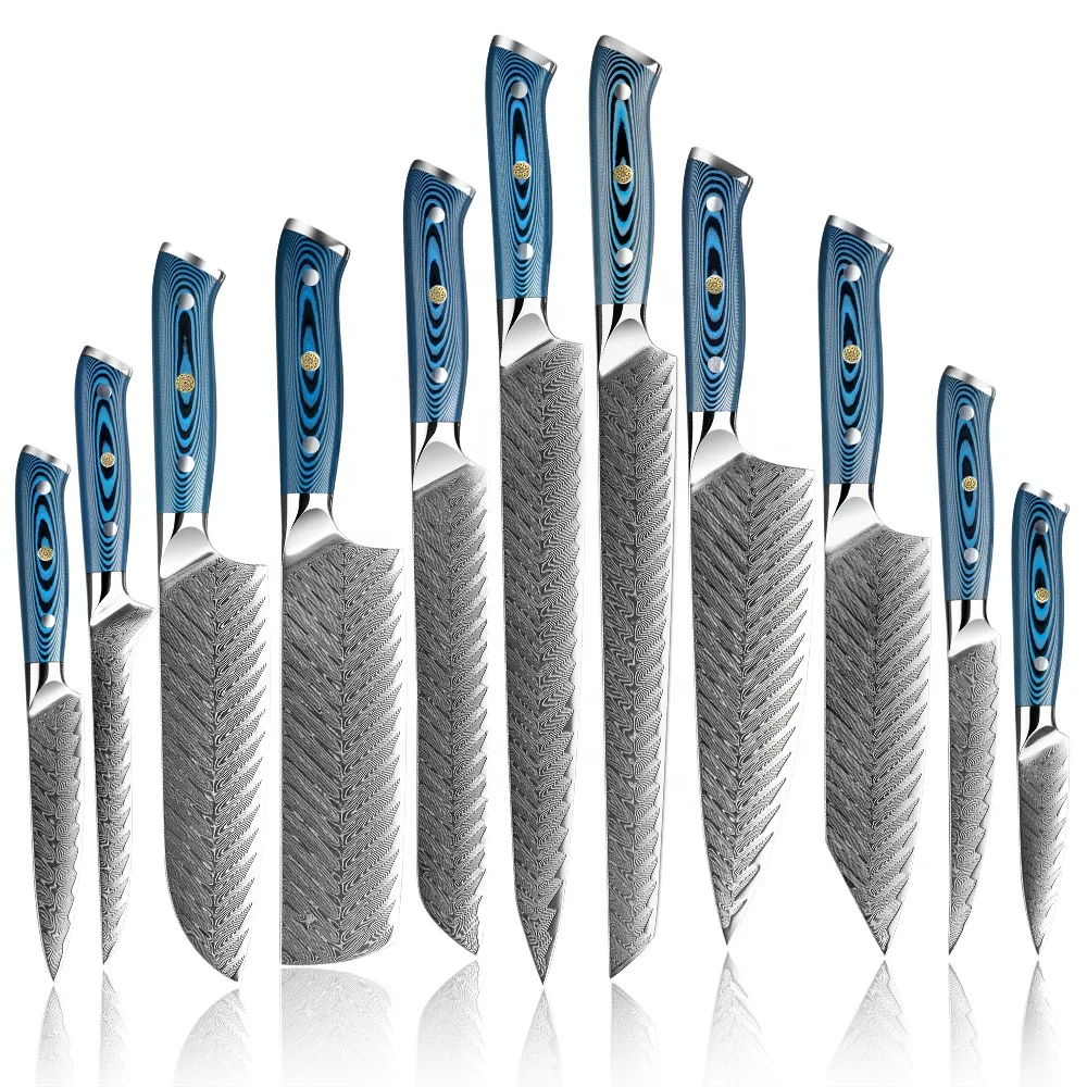 New Arrival 73 Layers Ladder Pattern Aus10 Damascus Steel Kitchen Knife Set Blue Pakkawood Handle Eco-friendly Chef Knife Set