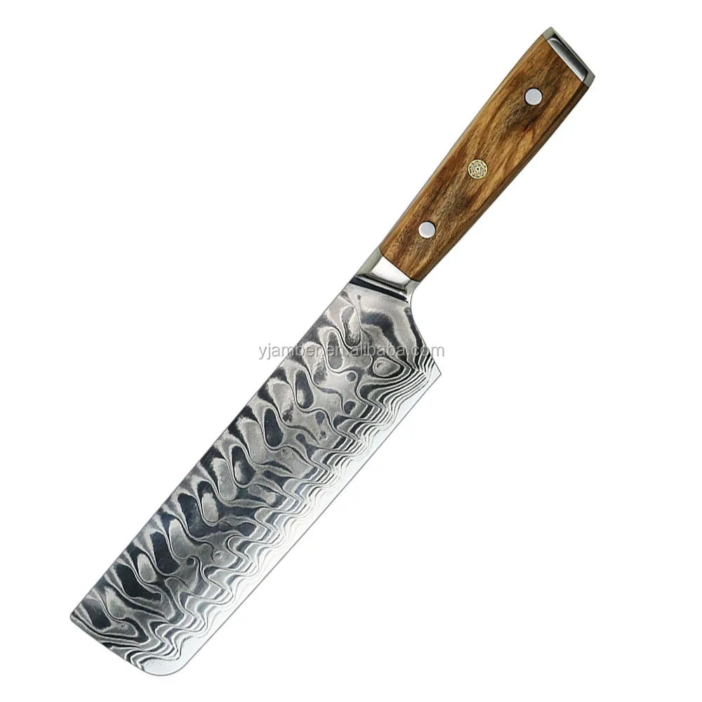 Amber Japanese Damascus Steel Vg10 Epoxy &amp; Olive Wood Handles Nakiri Kitchen Knife 60-62 Hrc Eco-friendly
