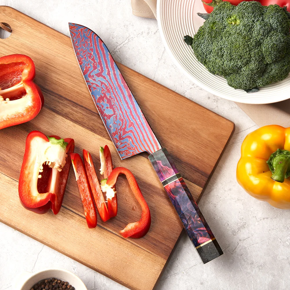 Amber 7inch Stabalized Wood Handle Professional Japanese Damascus Santoku Knife Customs Chef Kitchen Knife