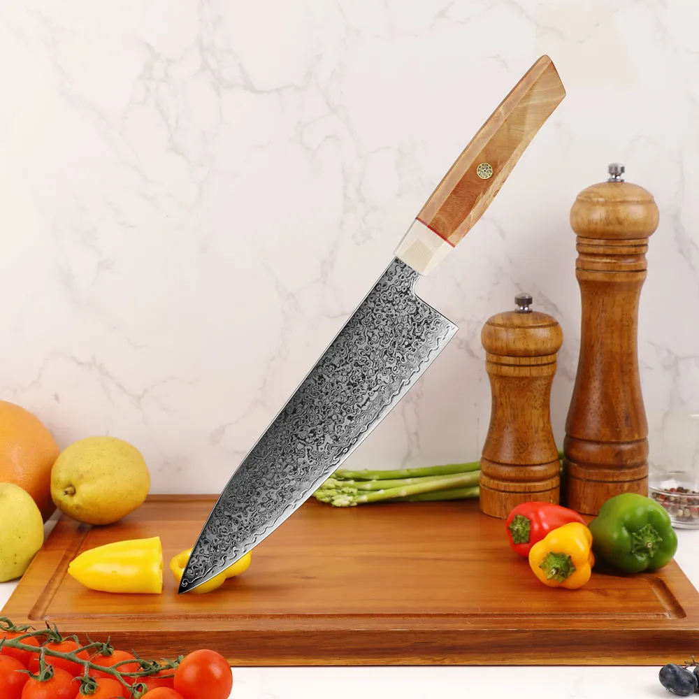 Amber New Professional Chef Knife Custom S35vn Damascus Powder Steel Burl Wood Handle Sharp Kitchen Knives