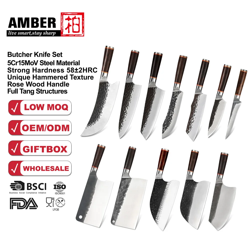 Wood Handle Professional Carbon Steel Meat Big Knife Vking Almazan Kitchen Chef Butcher Knife Set With Leather Sheath
