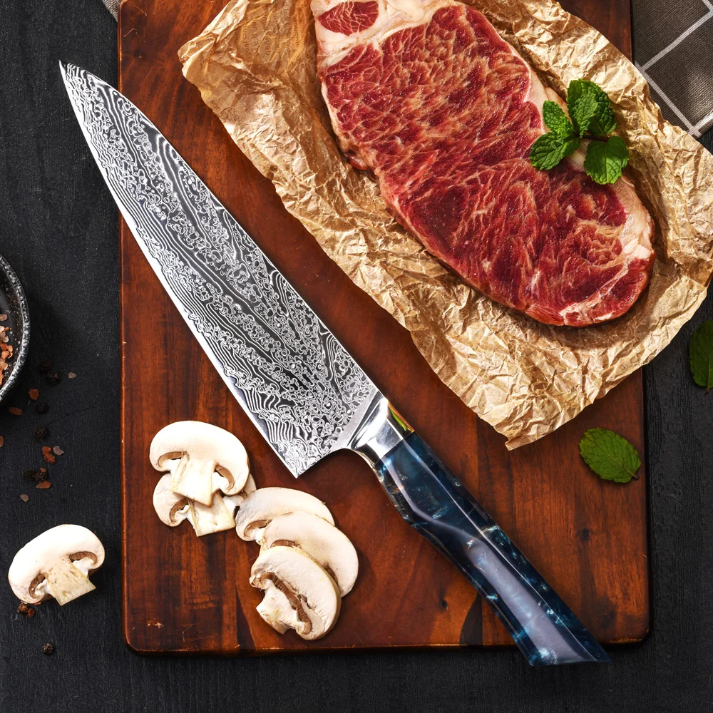 Amber Custom 8 Inch 73 Layers Damascus Steel Chef Knife Asu10 Super Steel Core Japanese Kitchen Knives W/resin Handle For Chefs