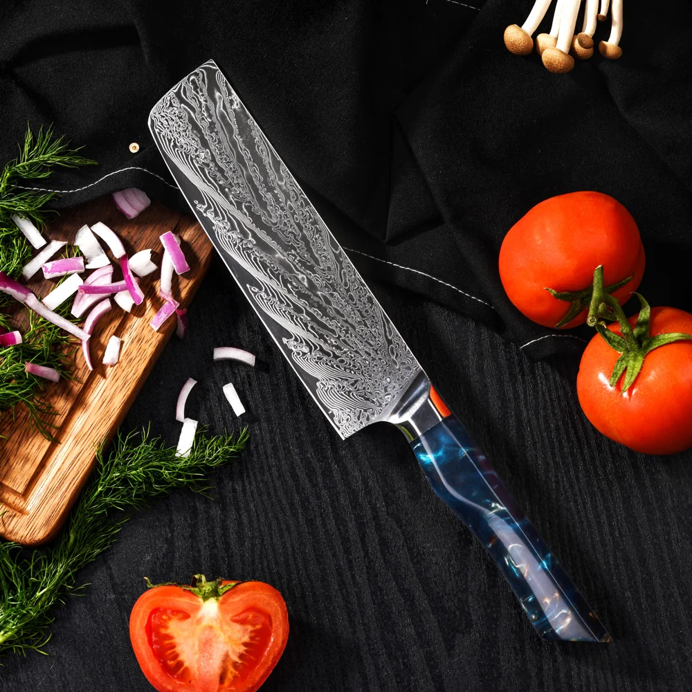Amber Luxury Aus10 Core 73 Layers Damascus Steel Sharp Meat Vegetable Chopping Nakiri Knife Japanese Kitchen Knives Manufacturer