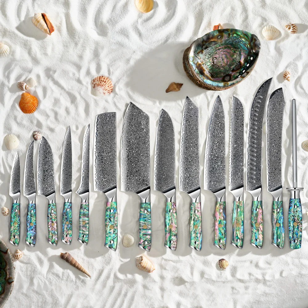 Wholesale 67layers Vg10 Damascus Steel Fruit Carving Santoku Abalone Chef Kitchen Knife Set With Abalone Shell Resin Handle