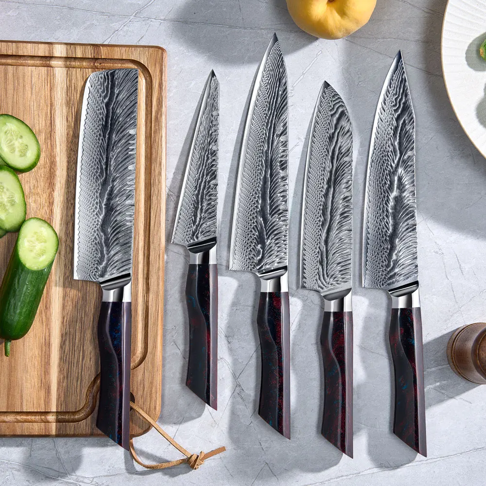 Amber Customized 73 Layers Damascus Steel Aus10 Japanese Chef Knife Set With Resin Handle Kitchen Knives Set For Meat Cutting