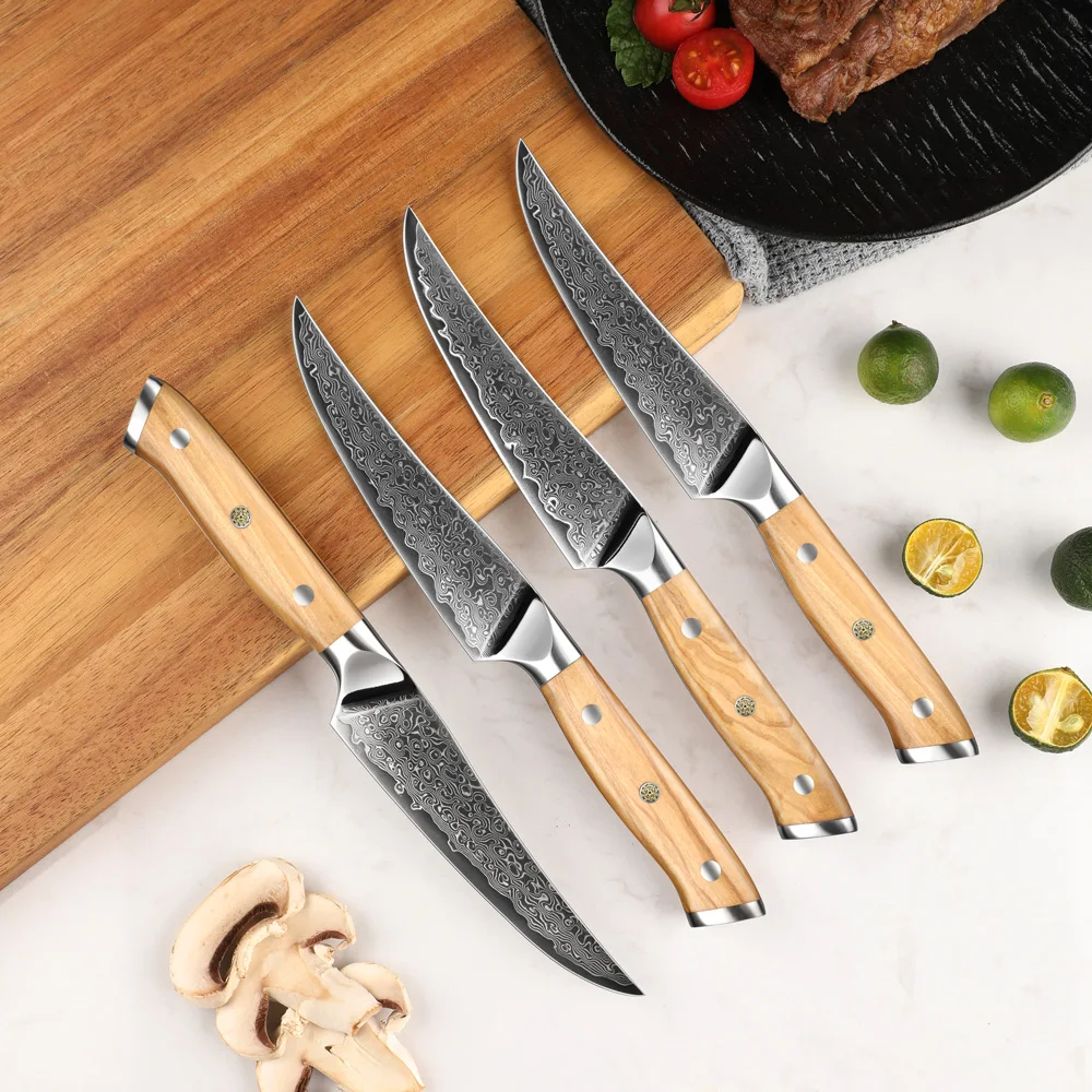 Amber Promotional Vg10 Damascus Steak Knife Set 4pcs Restaurant Beef Japanese Kitchen Knives Set With Olive Wood Handle Chefs