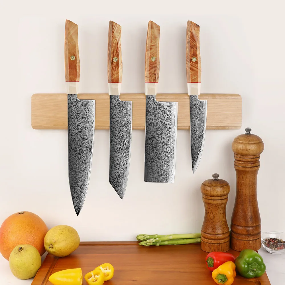 Amber 67 Layers S35vn Core Damascus Powder Steel Japanese Chef Knife Set 4pcs Sharp Japanese Kitchen Knives W/ Wood Handle
