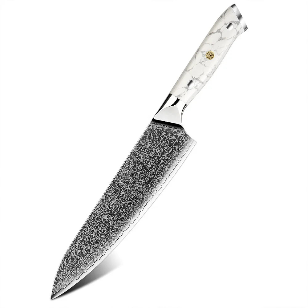 Amber White Turquoise Stone Handle 8inch 67 Layers Vg10 Damascus Steel Chef Knife With Custom Logo