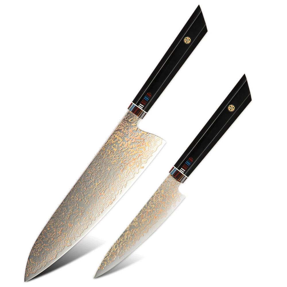 Amber 2pcs Chef Utility Fruit Paring Vg10 Copper Damascus Knives Japanese Damascus Copper Steak Knife Set Of Black Resin Handle
