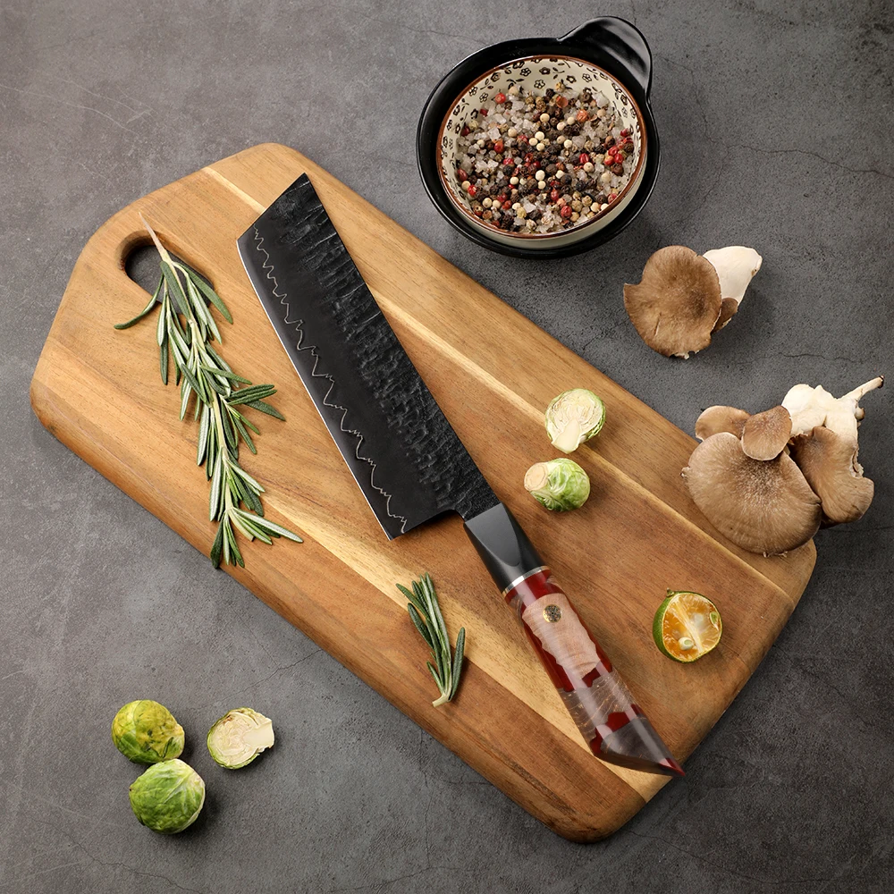 180mm 3 Layer Carbon Steel Real Forged Black Blade Vegetable Kitchen Knife Japanese Nakiri Knife With Wood Resin Handle