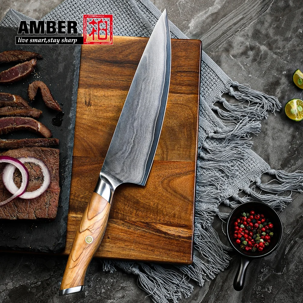 Amber 8 Inch Professional Olived Wood Handled High Carbon Steel Chef Knife With Japanese Vg10 Super Steel Core