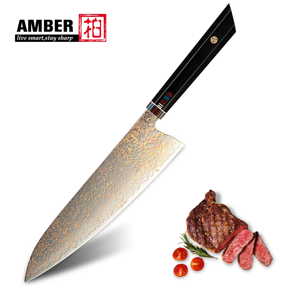 Amber Customized Logo 8inch Vg10 Damascus Chef Knife Epoxy Resin Handle Japanese Copper Damascus Knife