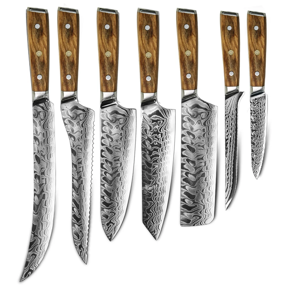 New Design Damascus Kitchen Knife Set With Olive Wood Handle