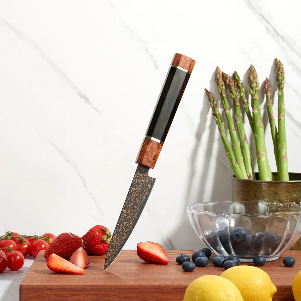 Tricolour Copper Damascus Steel Fruit Knives Japanese Vegetable Small Chef Knife Wood Handle Utility Knife