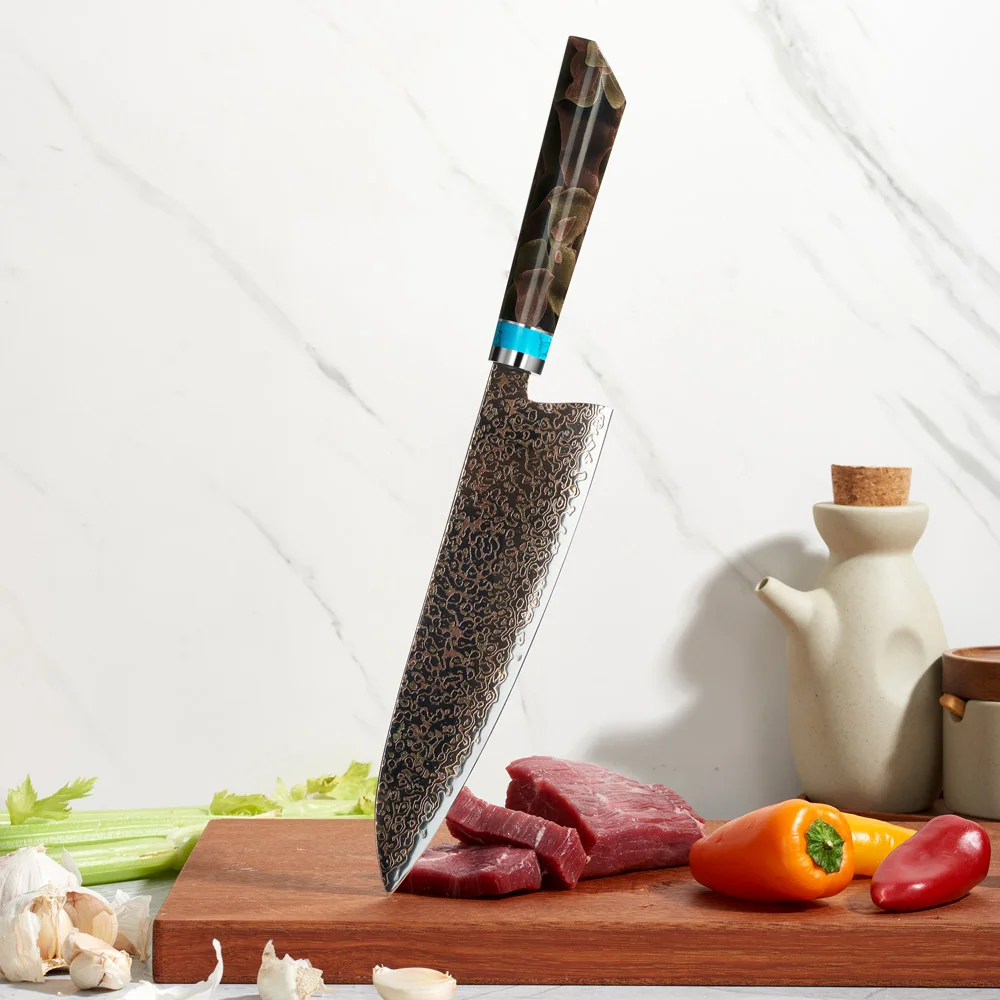 Factory 8 Inches Professional Copper Damascus Steel Kitchen Chef Damascus Japanese Knife Gyuto Knife Meat Slicer Resin Handle