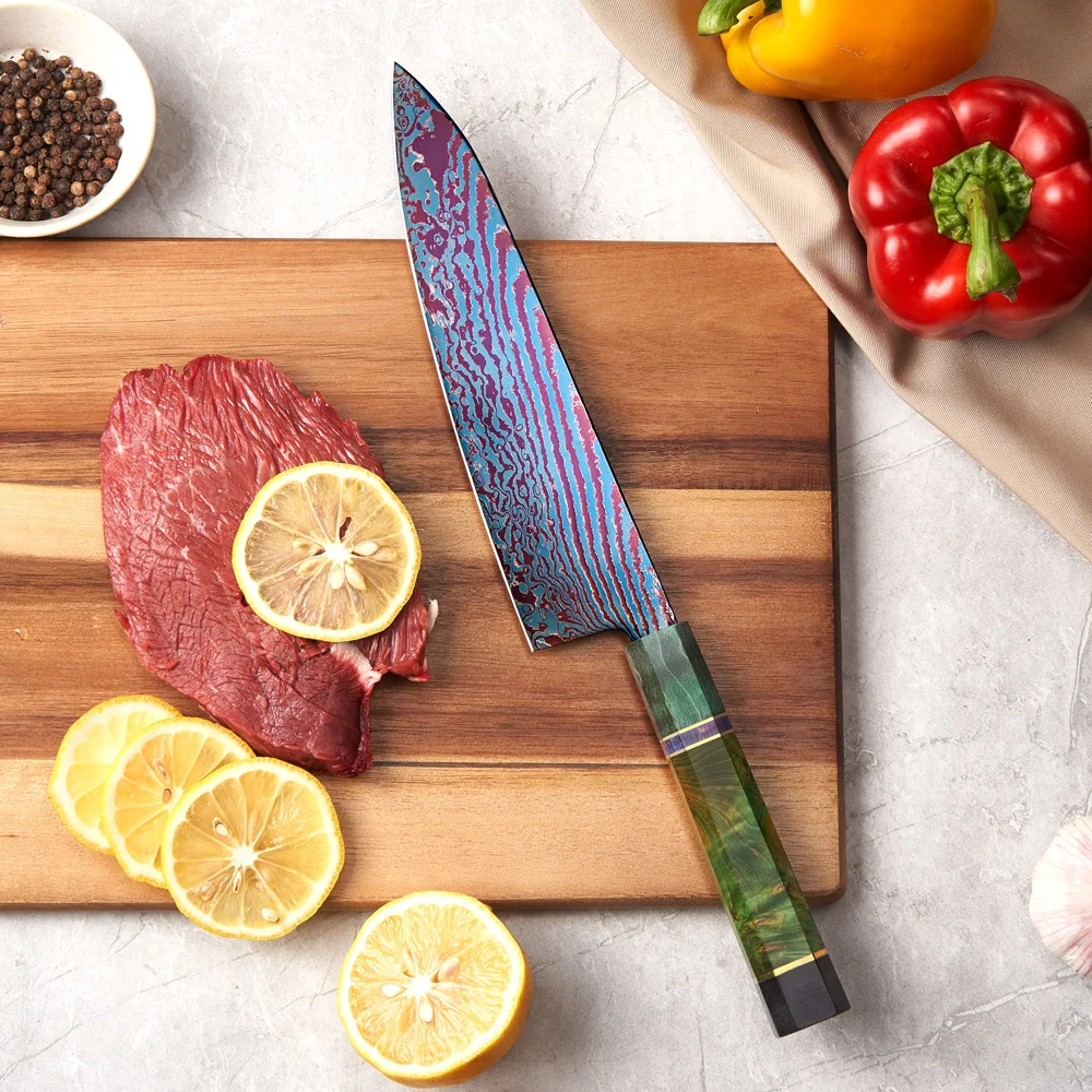 Amber Custom Coreless Damascus Steel Fire Blue 8inch Kitchen Knives Set Wood Handle Japanese Knife Set Chef Knife