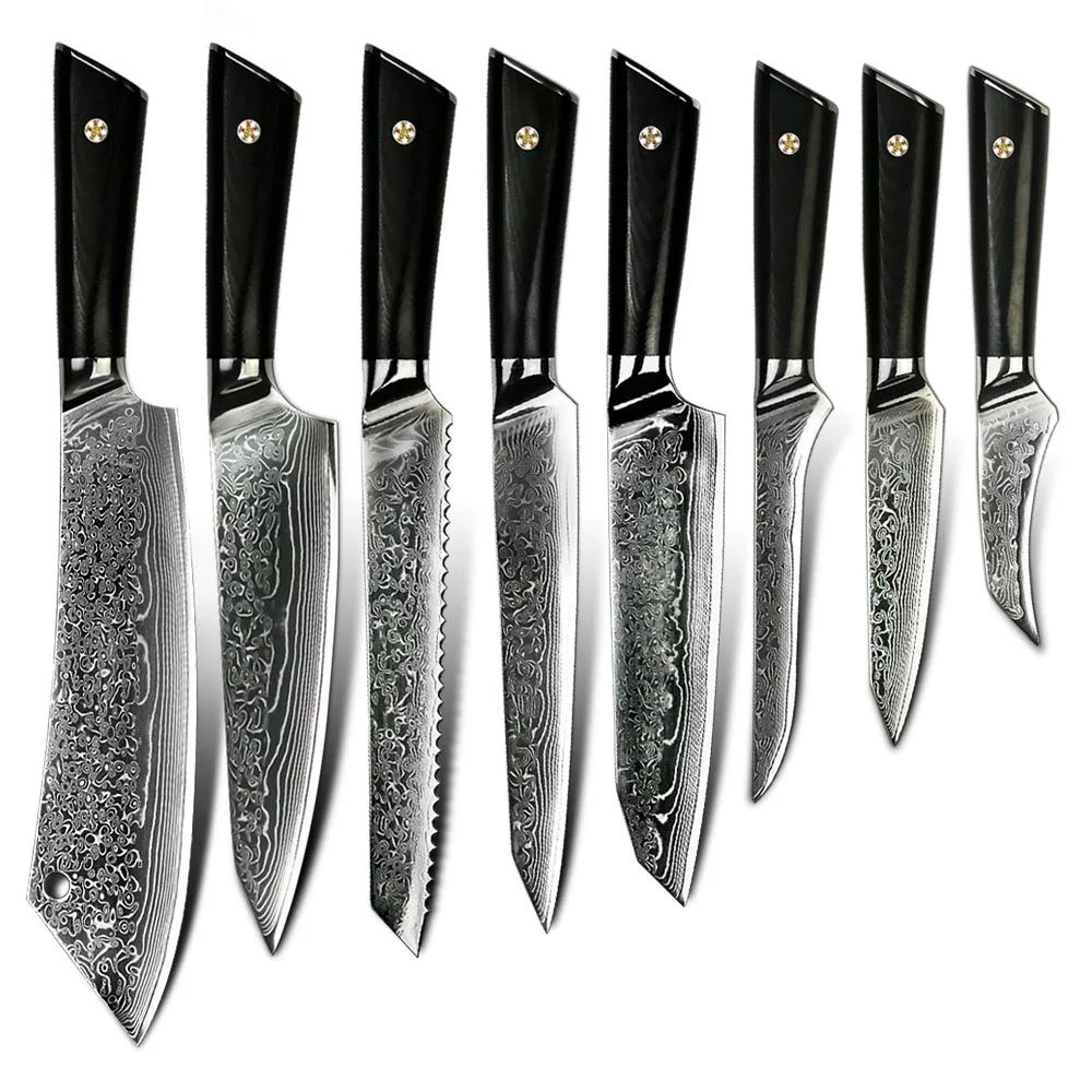 Professional 8 Piece Damascus Kitchen Knives Set Vg 10 Steel Core 67 Layers With Black G10 Handle