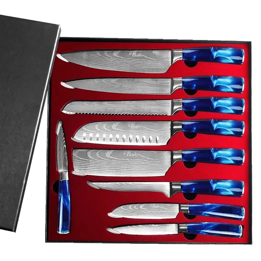 Japanese 9 Pcs Luxury Resin Handle Stainless Stain Damascus Texture Blade Professional Bread Nakiri Chef Kitchen Knife Set