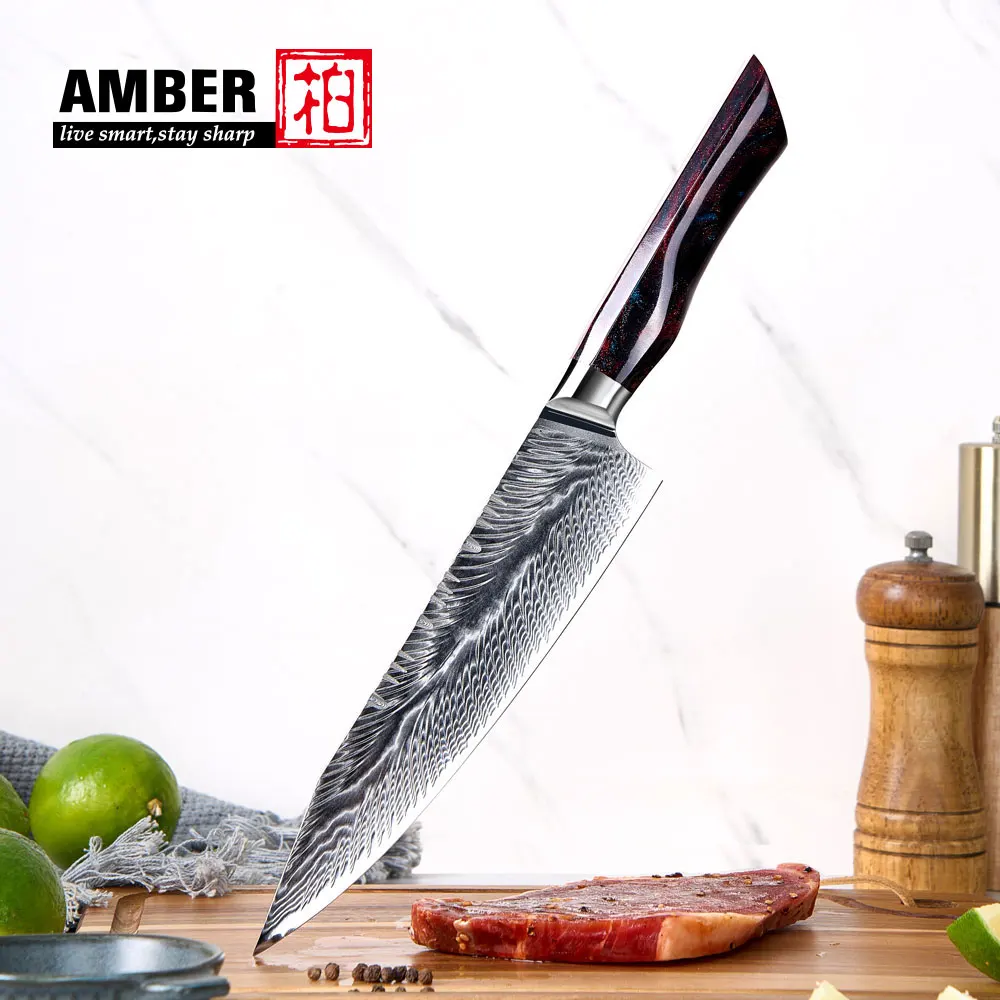 Amber 8" Japanese Style Bunka Knife Damascus Steel Slicer Meat Professional Kitchen Kiritsuke Chef Knives For Cutting Tools