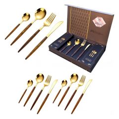 Luxury Gold-Plated Cutlery Set with premium Wooden Handles - 12-Piece Stainless Steel Flatware for Elegant Dining &amp; Special Occasions