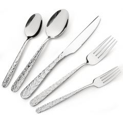 Hammered Silverware Set, with Unique Ripple Handles Design Mirror Polished
