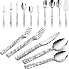 Hammered Silverware Set with Serving Utensils, Stainless Steel Flatware with 
